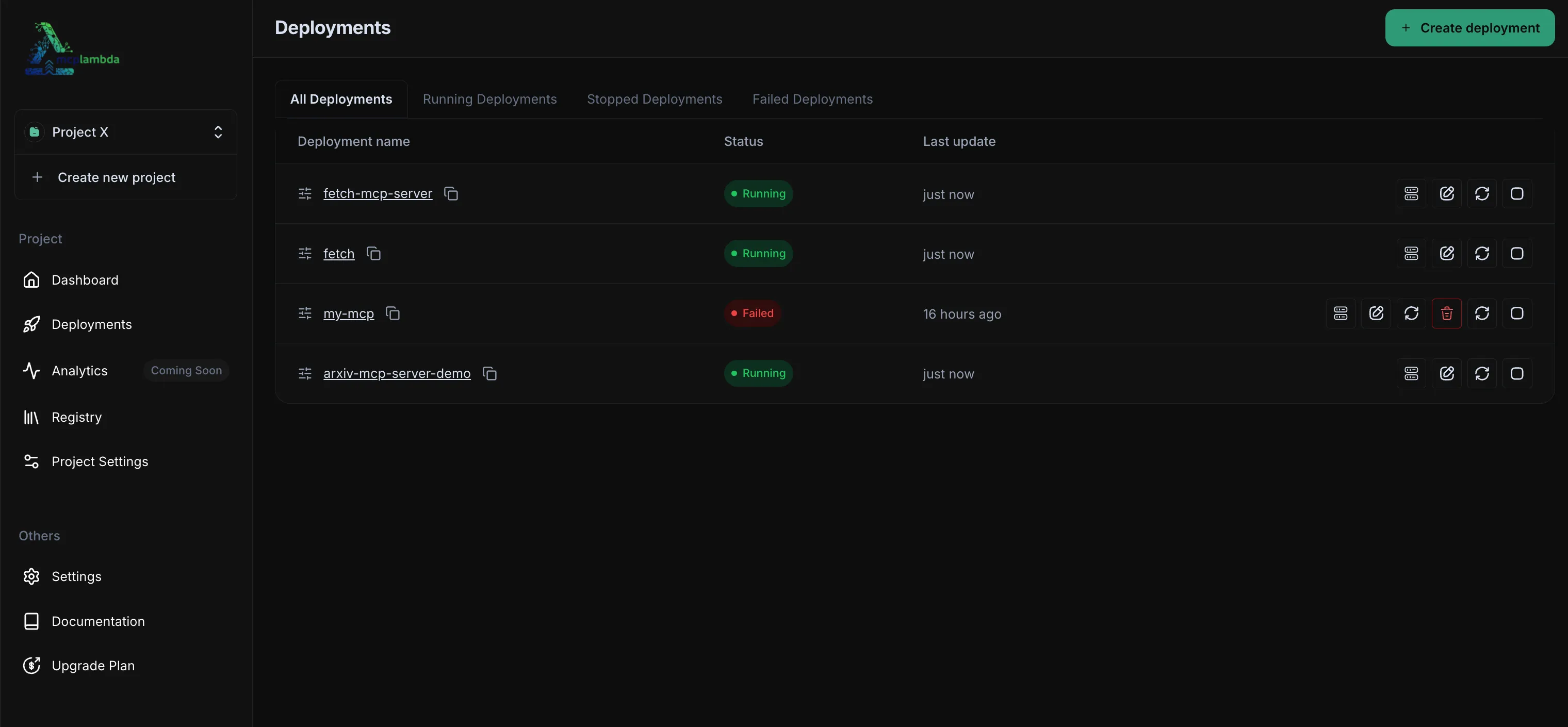 MCPLambda Dashboard showing deployments