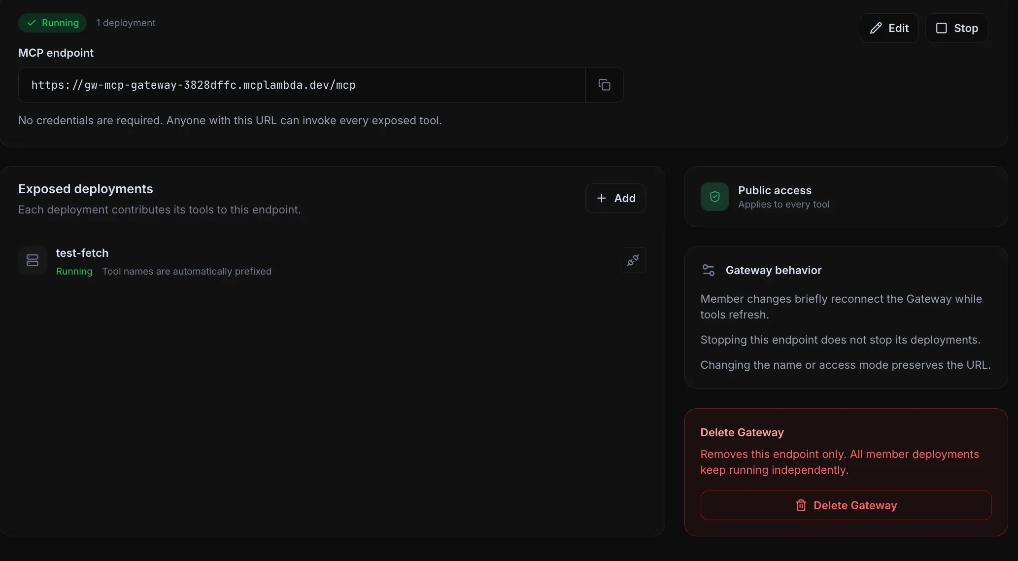 MCPLambda Gateway details in dark mode showing its MCP endpoint, exposed deployment, access mode, and lifecycle behavior