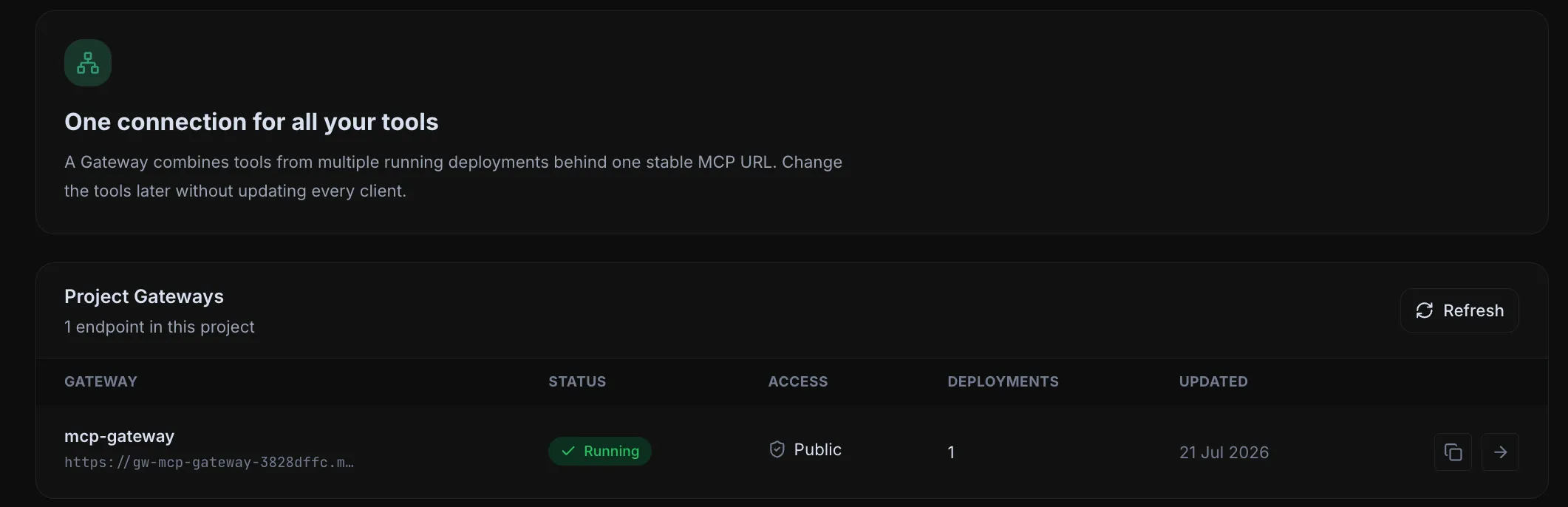MCPLambda project Gateways showing a running unified MCP endpoint
