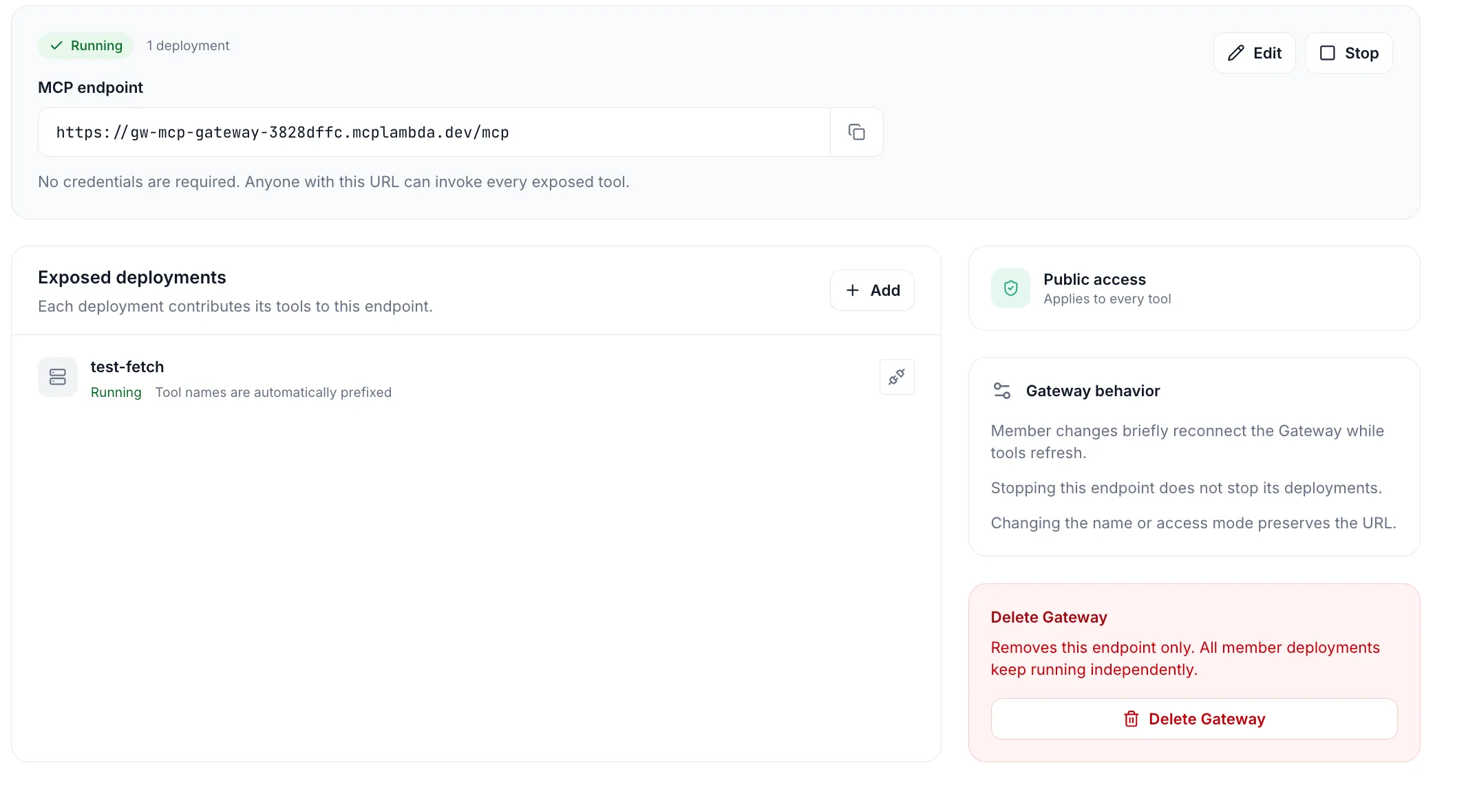 MCPLambda Gateway details showing its MCP endpoint, exposed deployment, access mode, and lifecycle behavior