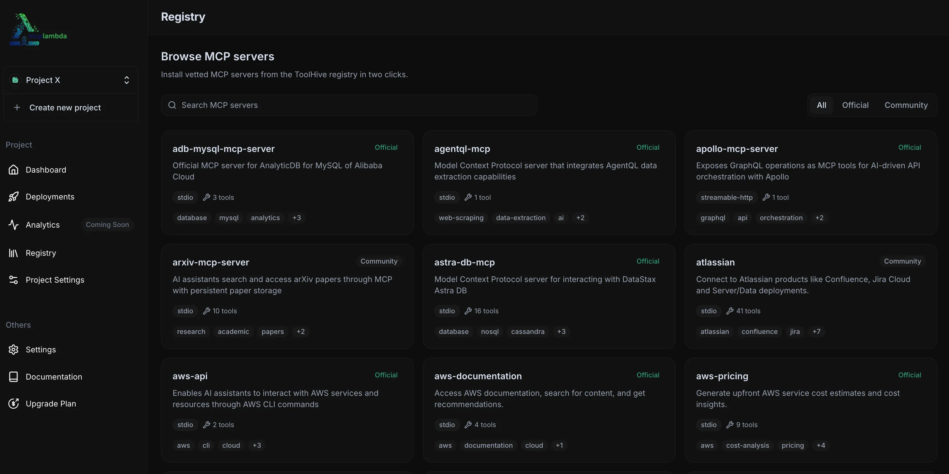 MCP server registry grid