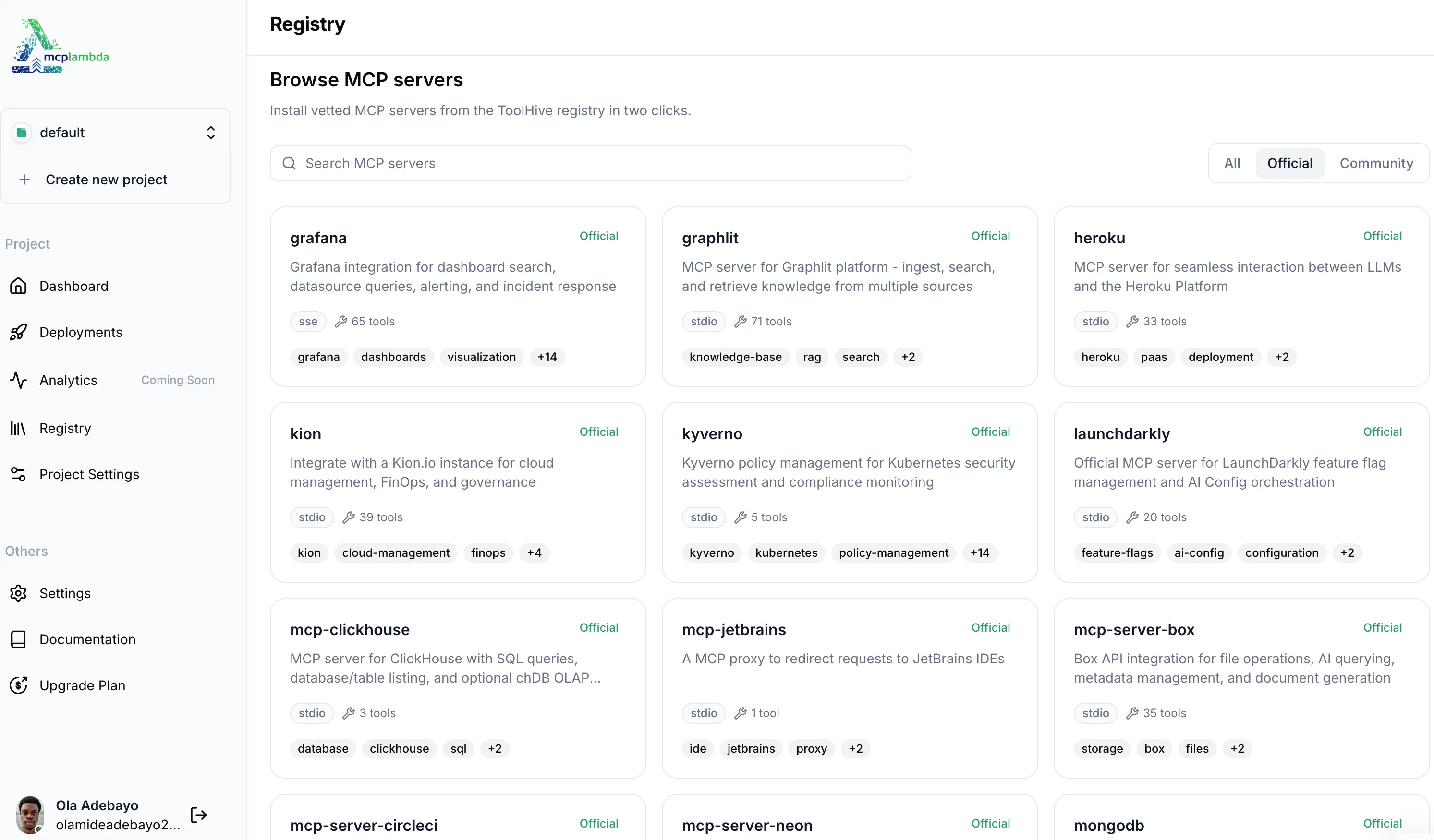 MCP server registry grid
